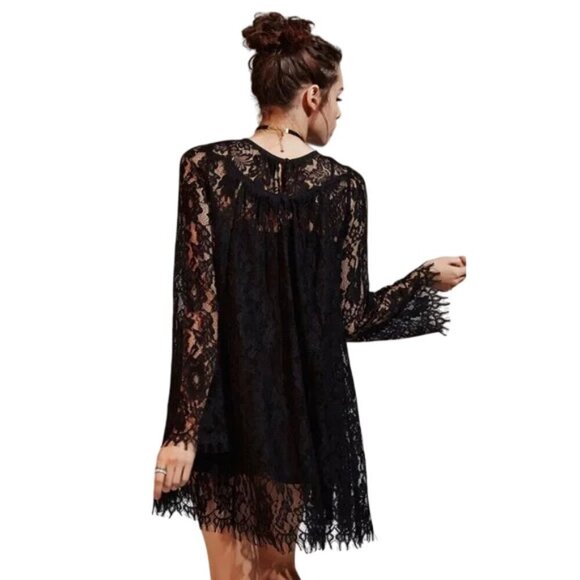 Urban Outfitters Kimchi Blue Womens S Black Flowy Long-Sleeve Lace Trapeze Dress - Picture 3 of 11